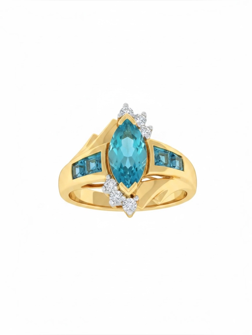 Gold 10K Ring with Marquise Blue Topaz Stone and Diamond Accents Ring Size 7